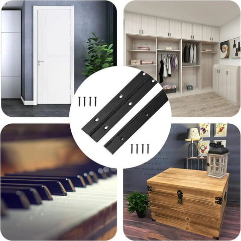 4 Pack 8 Inch Black Stainless Steel Piano Hinges Heavy Duty Continuous Hinges For Cabinet Doors Pre Drilled With Screws, shown with screws and installation settings.