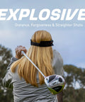 Woman swinging golf club from Women's Golf Club Set With Driver, Fairway Wood, Hybrid, Six PW Irons, Putter, Stand Bag, Pink Finish.