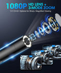 Exploded view of Pro Grade Single Lens Endoscope Camera With Light 1080P Borescope showing lens and zoom features.
