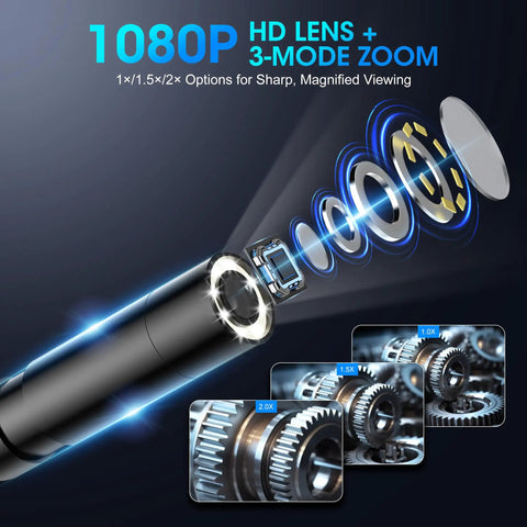 Exploded view of Pro Grade Single Lens Endoscope Camera With Light 1080P Borescope showing lens and zoom features.