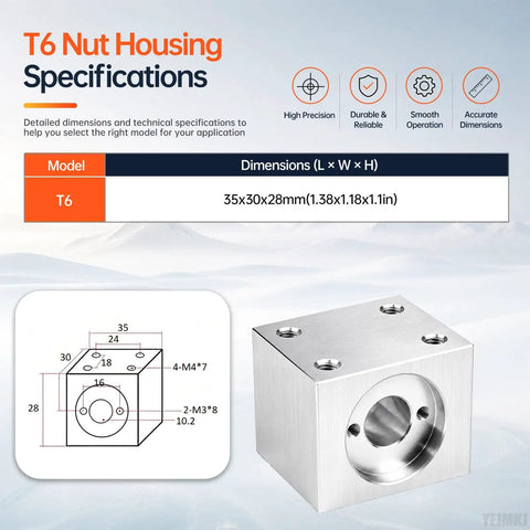Heavy Duty T6 Lead Screw Nut Housing Bracket Mount Holder Block Assembly, 35x30x28mm, silver aluminum for smooth mechanical systems.