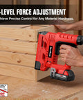 Slick Two In One Cordless 18 Gauge Brad Nailer And Crown Stapler For Diy Home Projects, close-up showing 6-level force adjustment feature.
