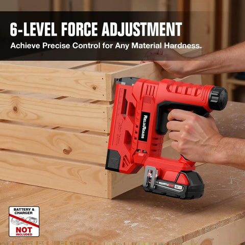 Slick Two In One Cordless 18 Gauge Brad Nailer And Crown Stapler For Diy Home Projects, close-up showing 6-level force adjustment feature.