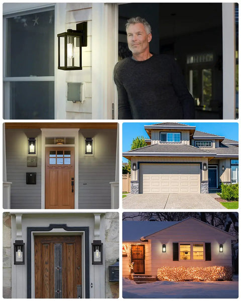Outdoor Wall Sconce Lantern Built To Last Weatherproof Porch Light with Clear Glass Shade on front porch at night