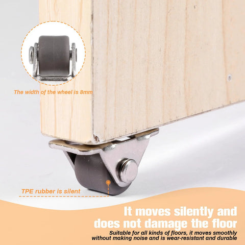 Mini Half Inch Fixed Casters With Metal Top Plate, 16 Pack, Quiet Rubber Wheels For Small Furniture And Appliances, installed view