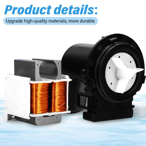 Washer drain pump motor assembly with copper coil stator and white impeller, Kenmore/LG compatible