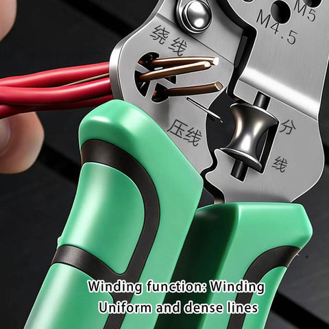 All In One Wire Stripper With Inductive Voltage Tester Pro Grade Electrician Cutting Tool close-up showing ergonomic grip and wires