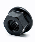 Six Piece Steel Flanged Nut Set Three Eighths Sixteen Threads Black Oxide Finish Heat Treated For Heavy Duty Automotive And Machinery Projects Great For Auto Repair Installation And Heavy Equipment Builds. black flanged nut, 3/8-16 steel