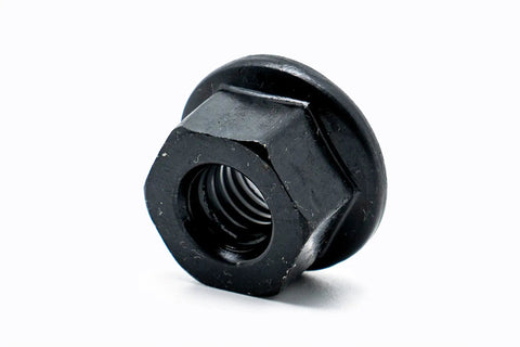 Six Piece Steel Flanged Nut Set Three Eighths Sixteen Threads Black Oxide Finish Heat Treated For Heavy Duty Automotive And Machinery Projects Great For Auto Repair Installation And Heavy Equipment Builds. black flanged nut, 3/8-16 steel