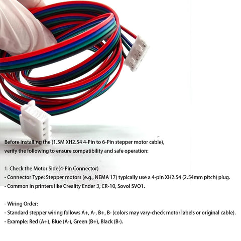 Close-up of three 1.5m XH2.54 4-pin to 6-pin stepper motor cables for 3D printers (Nema 17)