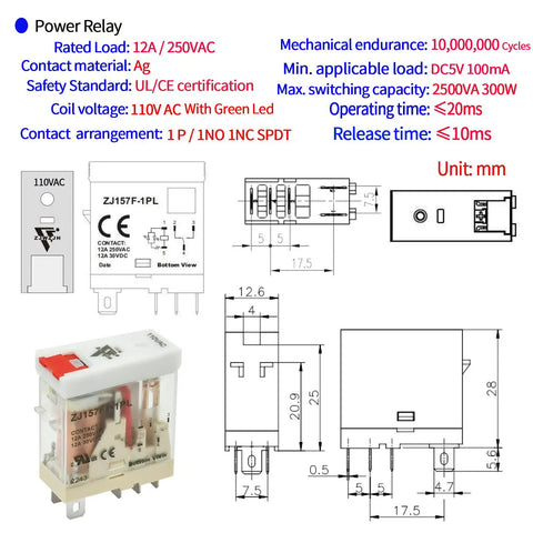 Six Pack 12 Amp 110V Electromagnetic Relay with Handy Test Switch LED Indicator, 1NO 1NC SPDT DPDT, technical diagram and specifications