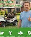 Man standing next to golf cart with air filter banner, focus on Golf Cart Tune Up Kit For EZGO TXT And Medalist Gas Models 1994-2005 295cc/350cc
