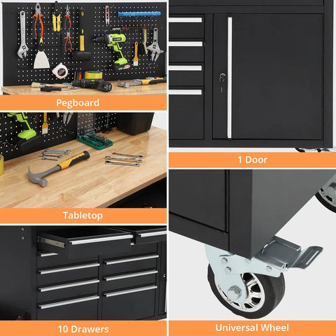 Heavy Duty Rolling Tool Chest With 10 Drawers And Solid Rubber Wood Top Mobile Workstation Locking System And Power Strip For Garage Workshop Ideal For Pros And DIYers black with pegboard, door, drawers, and caster wheel