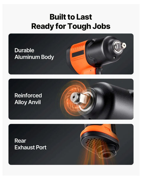 Professional Grade Badass 1/2 Inch Drive Air Impact Wrench With 1100 Ft Lbs Knockout Torque And 7500 RPM Savage Speeds showcasing aluminum body, alloy anvil, and exhaust port.