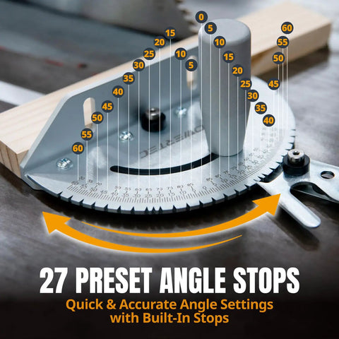 Universal Table Saw Miter Gauge With Aluminum Miter Bar, 27 Angle Stops, showing angle settings and aluminum construction.