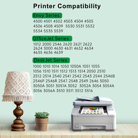Image showing printer with 61XL Black And Tri Color Ink Cartridge Combo Pack Remanufactured For 61 Series Printers and compatibility list.