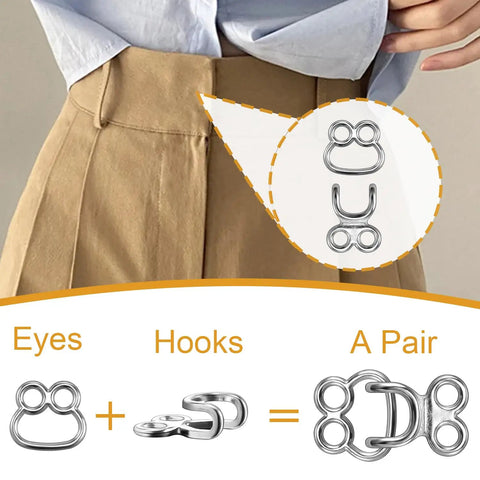 Top Shelf Sewing Hooks And Eyes Replacement Kit For Garments, Durable Metal Clothing Clasps shown on trousers for secure fastening.