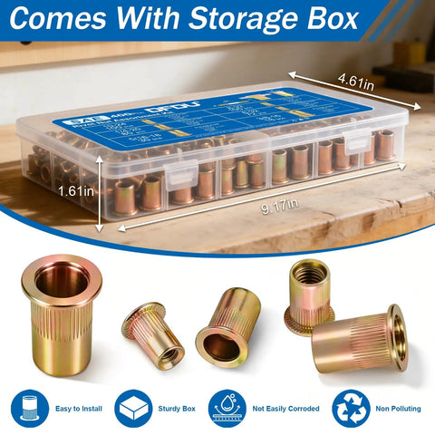 Heavy Duty 400 Piece Zinc Plated Rivet Nut Kit With UNC Threaded Inserts From 6-32 To 3/8-16 featuring flat head inserts and a storage box.