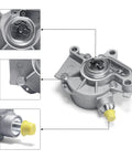 Brake vacuum pump for VW 1.9L TDI; gray aluminum housing with mounting ears.
Drive-end close-up: cross-shaped drive shaft receptacle on brake vacuum pump.
Mounting flange close-up showing bolt hole detail on brake vacuum pump.
Yellow protective port cap on brake vacuum pump inlet/outlet port.