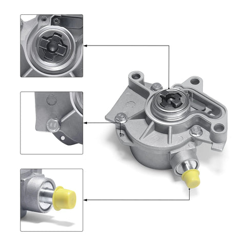 Brake vacuum pump for VW 1.9L TDI; gray aluminum housing with mounting ears.
Drive-end close-up: cross-shaped drive shaft receptacle on brake vacuum pump.
Mounting flange close-up showing bolt hole detail on brake vacuum pump.
Yellow protective port cap on brake vacuum pump inlet/outlet port.