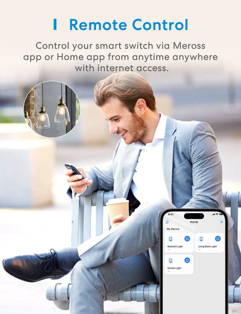 Person in suit using smartphone app to control Smart WiFi Light Switch Single Pole 4 Pack Compatible With Alexa Google Assistant And SmartThings Needs Neutral Wire Remote Control And Scheduling No Hub Needed 2.4G Only.