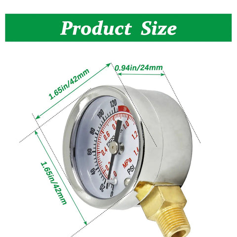 The Real Deal Air Hose Replacement Kit With Brass Manifold Valve And 0 200 Psi Pressure Gauge, detailed pressure gauge dimensions shown.