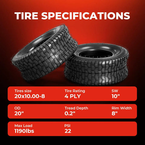 Set of 2 20x10.00-8 Tubeless Lawn Mower Tires 4 Ply Heavy Duty Reinforced Sidewalls 1190 Lb Load Capacity Fits Riding Tractors 8 Inch Rim 0.2 Inch Tread Depth, black