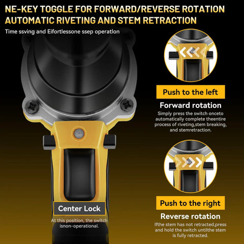 Cordless Pro Grade Rivet Gun Compatible With 20V Max Batteries, brushless toggle for forward reverse rotation