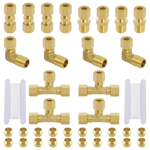 Brass compression fittings kit with 1/4 in OD tees, elbows, straight adapters, NPT, ferrules; 38 pcs.