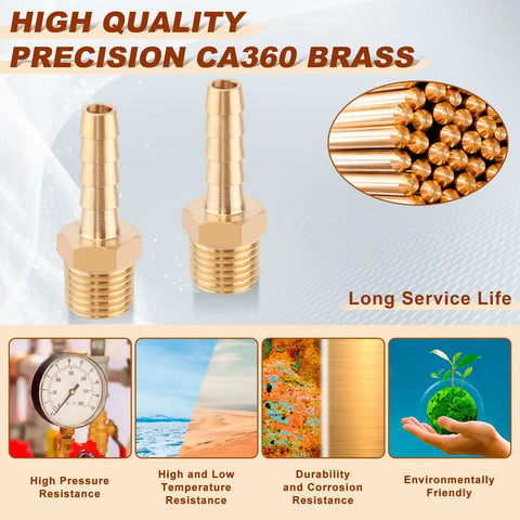 Five Pack Brass Hose Barb Fittings One Quarter Inch Barb To One Quarter Inch NPT Male Thread No Fuss Air Line Adapters For Tight Seal And High Pressure Up To Three Hundred PSI brass fittings