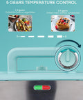 All-In-One Waffle Maker And Panini Press With Removable Plates, showing 5 gear temperature control dial, blue unit
