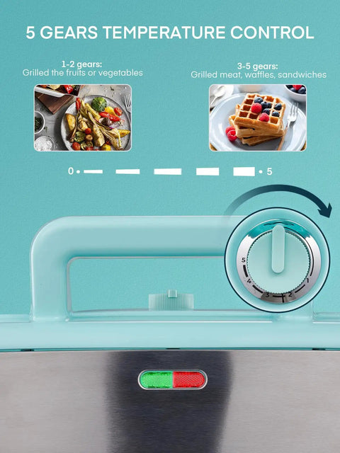 All-In-One Waffle Maker And Panini Press With Removable Plates, showing 5 gear temperature control dial, blue unit