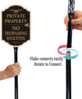 Top Shelf Rust Free Aluminum Private Property Signs With Heavy Duty 36 Inch Stakes for No Trespassing and Soliciting video surveillance.