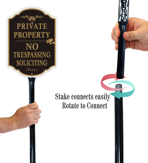 Top Shelf Rust Free Aluminum Private Property Signs With Heavy Duty 36 Inch Stakes for No Trespassing and Soliciting video surveillance.