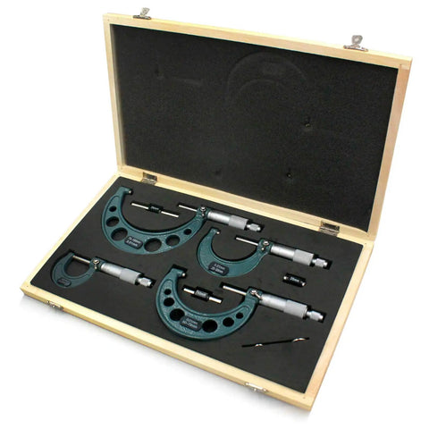 Four Piece Outside Micrometer Set 0 To 100mm With 0.01mm Graduation Carbide Tips Hardened Spindle And Easy Readouts For Quick Accurate Machinist Measurements