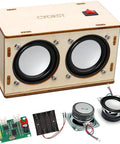 Build Your Own Bluetooth Speaker Kit For Kids And Adults Totally Fun Hands On Science Electronics Project With Dual Speakers Beginner DIY Set And Great Gift For Teens 10 And Up, showing components and assembled wooden speaker box.