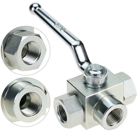 Front view of Three Way High Pressure Hydraulic Ball Valve One Half Inch NPT Female Connections 7250 PSI, carbon steel