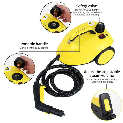 Heavy Duty Rolling Steam Mop With 1800W Beast Mode Power And 2 Liter Tank showing safety valve, portable handle and adjustable steam settings.