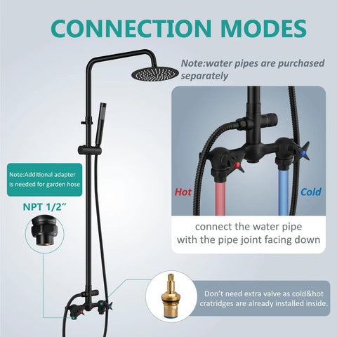 Heavy Duty Outdoor Shower Kit With 8 Inch Rainfall Head And Handheld Sprayer, Exposed Shower System matte black details
