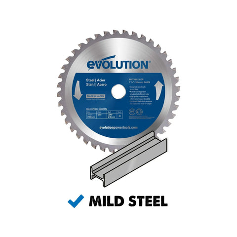 Ferrous Metal Cutting Circular Saw Blade, 7-1/4 Inch, 40-Tooth, For Mild Steel, Blue Finish, shown with steel profile section.