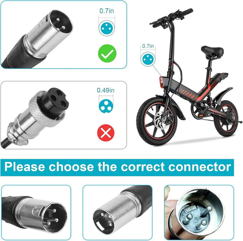 Image showing connector options for 60W Lithium Scooter Battery Charger for LASHOUT Electric Bike and Mobility Chairs.