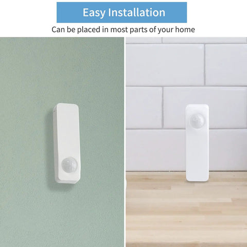 Zigbee Motion Sensor Two Pack With Hub Required Pet Friendly Works With Home Assistant SmartThings Aeotec Hubitat Homey Or Echo Devices With Built In Zigbee Hub installed on wall and countertop