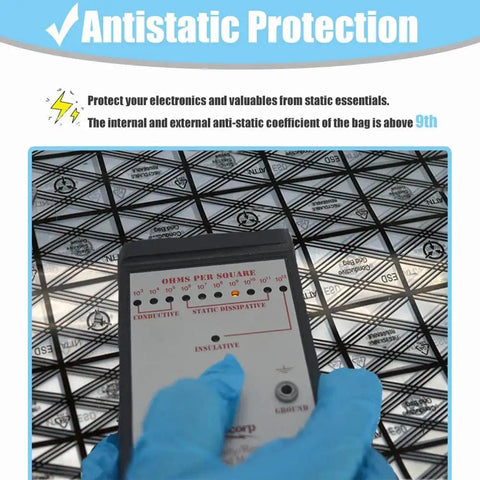 Open Top Antistatic Bags Set, 20 Large ESD Bags 12x16in And 30x40cm With Antistatic Labels testing with meter on surface