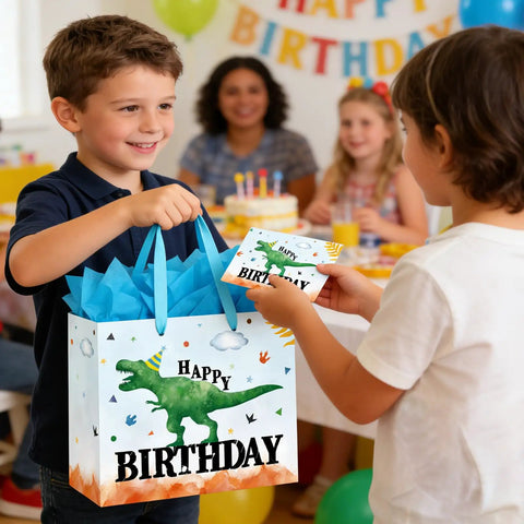 Child with 13 Inch Large Watercolor Dinosaur Birthday Gift Bag With Handles, Greeting Card And Tissue Paper, at party.