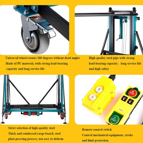 Heavy Duty Electric Lift Cart With Rock Solid Brakes And Smooth Rolling Wheels For Hassle Free Ceiling Painting and detailed wheel, steel, and remote features.