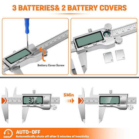 Beefy All Metal Digital Caliper With Extra Batteries And Battery Cover 6 Inch Measuring Tool showing LCD and screwdriver use.