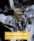 Car wheel being cleaned with Six Piece Car Detailing Brush Set With Ultra Soft Boar Hair Detail Brushes For Wheels Air Vents Leather Seats And Interior Exterior Cleaning Safe For Cars Trucks SUVs RVs And Motorcycles The Ultimate Auto Detailing Kit