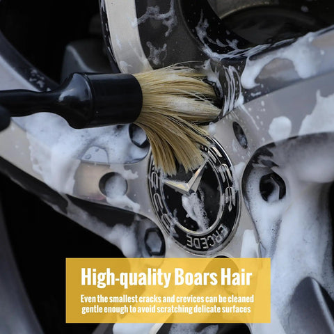 Car wheel being cleaned with Six Piece Car Detailing Brush Set With Ultra Soft Boar Hair Detail Brushes For Wheels Air Vents Leather Seats And Interior Exterior Cleaning Safe For Cars Trucks SUVs RVs And Motorcycles The Ultimate Auto Detailing Kit