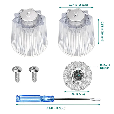 Two Pack Crystal Clear Acrylic Shower Knob Replacement Kit With Hot And Cold Buttons Universal Faucet Handle Repair Set Includes Screws And Driver For Easy Install On Bath And Shower Faucets, showing dimensions and components