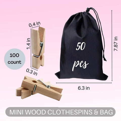 Top Shelf 100 Piece Mini Wooden Clothespins With Handy Storage Bag Dead Serious Grip Birch Hardwood Clips assorted sizes and storage bag.